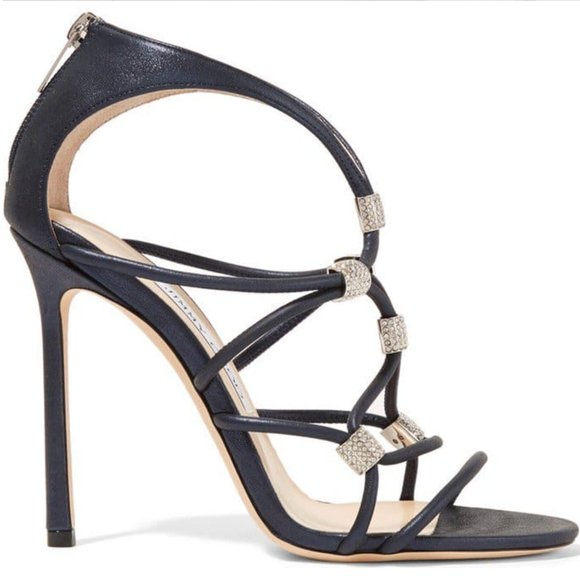 JIMMY CHOO Swarovski Crystal Embellished Sandals Navy High Heel Pump 37.5 Shoes - Picture 1 of 15